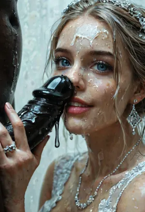 interracial, (muscular black skin brut), very very large black penis, black cock, black dick, (shy face), (thick black penis), ((handjob BBC)), (wedding rings shine), (slime on cleavage), super close up image, micro art photograph of an Iranian curvy bride standing on a glossy black velvet floor against a pitch-dark background. Dramatic, cinematic lighting with high contrast and soft shadows., ((Her entire feet, nylon, pussy, body, and classic lace white wedding dress are covered in a thick, jelly-like texture. The slime drips slowly from her hair and shoulders, creating a surreal, beautiful, and mysterious effect.)), The wedding dress features traditional Persian details such as tulle, gemstones, and Islamic motifs, visible beneath the slime. Visually stunning, surreal, and elegant composition with a focus at the tactile contrast between the slime and the white dress against the black velvet., close_up_detailed_shot_of1, BadX, happy, <lora:close_up_detailed_shot_of1:.8>, <lora:671410_training_data:1.3>, <lora:MJ52:.6>, <lora:happy_v2:.8>