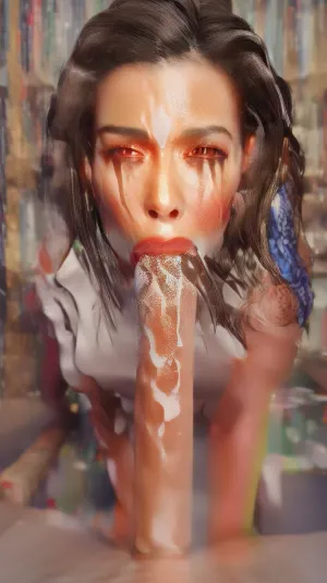 (4K, hyper-realistic, masterpiece, saturated colors, hyper-detailed faces and eyes, best quality, ultra-detailed, finely detail, photorealistic, perfect illumination, best shadow, best shot, soft lighting, high quality, high resolution, professional photography, photorealism), Librarian in the library, she is an experienced mature slut, she has huge tits with juices sticking out, she sucked a dick, she gave a blowjob, there is cum on her face, there is cum in her mouth, there is cum on her hair, cum is dripping from her face, There are many books on the bookshelves in the library, cum dripping from mouth, sperm, blowjob, <lora:PovBlowjob-v3:2>