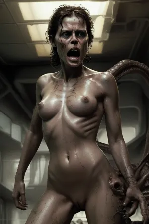 Ripley from alien naked fighting the alien. photorealistic