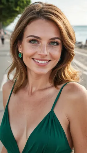 Professional photo, ((all of body in view:1.5)), smiling, ((wide angle)), on a seaside boulevard, (pretty), 35 yo petite woman, extremely high resolution, extremely detailed, hyper ultra hd, 8k, ((youthful face:1.3)), (detailed skinpores:1.3), ((light brown hair:1.2)), ((hairlength:1.5)), freckles, (green eyes), dress, happy look, focus on eyes, detailed and realistic skin texture, vintage, 4K HD, cinematic lighting, high contrast, realistic shadows, (photorealistic), hyperrealistic, Endless_Up_SDXL_Neg, <lora:add-detail-xl:.5>, <lora:SDXLHighDetail_v5:.5>, <lora:XDetail_light:.5>, <lora:diffusers_sdxl_wrong-lora:.5>