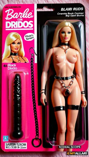Barbie doll of a bdsm model, plastic doll, unopened packaging, blond hair, long straight hair, bare breasts, giant nipple rings, included accessories, pink dominatrix outfit, gags, whips, chains, collars, clamps, spreader bar, (detail separate black giant ribbed dildo), very tall, very thin, <lora:gonza_v2:.7>
