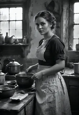 18 century, the young 18-year-old cook is working in the kitchen, she is sweaty, worn out, but slowly lifts her dirty apron and long skirt, joyful anticipation, looking to the viewer, FRESHIDEAS, Real, Photography, 2#, Black, and, white, art, black, shading, charcoal, toned, brutal, dark, b/w, color, scheme, <lora:FRESHIDEAS Real Photography 2#:.6>, <lora:Black and white art.V1:.1>, <lora:MJ52:.4>, <lora:add-detail-xl:.9>
