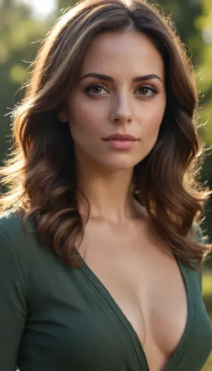 Professional awardwinning photograph, 35 yo brunnete, parted combed parted hair, fully clothed., (full torso in view:1.2), extremely detailed face and eyes, perfect skin, extremely detailed skin, extremely detailed hair, tranquil environment, warm sunlight, extremely detailed lighting, extremely high resolution, uhd, 8k, masterpiece