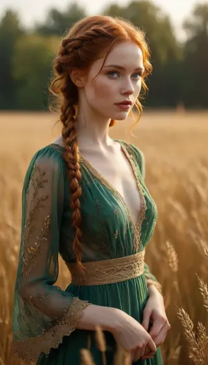 "Full-body portrait, A stylish, fit, pale redhead supermodel, end 30s, with flowing dark brown hair and elegant braids, is captured in a high-resolution photograph against a blurred golden wheat field. Soft golden hour light creates a serene ambiance. She wears a sheer emerald lace dress and has strikingly beautiful Forest Tea eyes. The color palette emphasises warm greens, blues, and yellows, with subtle illumination and diffused shadows. The aesthetic is refined and elegant, inspired by Associated Press and editorial photography styles, aiming for a Photo of the Year feel.", <lora:MJ52:.4>