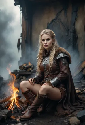 12. century, female viking warrior sitting behind a large campfire in front of the cave dwelling, (beautiful blonde Scandinavian, beautiful face), random facial emotions, (wears brown leather armor with metal applications, cloak with fur trim, brown leather boots:1.5), (highly detailed warrior outfit:1.6), (viking sword:1), (viking helmet next to her:1), (extremely long messy matted hair:1.2), slender body, big green eyes, (naughty smile:1.1), (small natural breasts:1.2), stands with exposed pussy, (the fire illuminates the wet pussy extremely brightly:1.8), (warm fire shine between her legs lits her pussy brightly:1.7), (very hairy blonde pussy:1.2), (very sweaty), dynamic pose, cloudy, smoke, atmospheric, clouds, fog, Black, and, white, art, black, shading, charcoal, toned, brutal, dark, b/w, color, scheme, <lora:add-detail-xl:2>, <lora:MJ52:1>, <lora:Cloudy_Style:2>, <lora:Hell_Constantine_2005_-_Anime:.3>, <lora:Black and white art.V1:2>