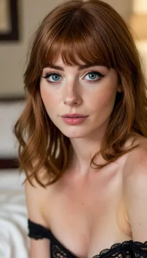 ziprealism, (intimate snapshot esthetic), (sensual woman, sexy lingerie, off the shoulder, teasing cleavage, intimate seduction:1.4), (mischievous smirk, seductive expression, sensual pose), (f/2.8, shallow depth of field, Dutch Angles:1.2), (focus on eyes, perfect eyes:1.2), (subtle bokeh:.4), (vibrant auburn hair with warm highlights, short French Bob cut hair, cute blunt bangs and fringe, voluminous hair:1.6), (large teardrop breasts), (large expressive eyes, perfect eyes, defined jawline, full lips, long face, square jaw, pale skin, soft blush), (cozy bedroom, warm romantic lighting), igbaddie, <lora:igbaddie-XL:.4>, <lora:style_lora_realis:.8>