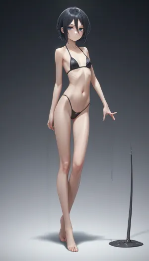 Rukia, black, hair, wearing miniskirt, breasts, short, between, eyes, purple, Small breasts, slim body, flat chest, full body view, <lora:RukiaV1:.8>