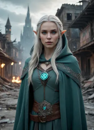 A distant view of a beautiful elven woman standing in a ruined Fallout style city. She has long flowing silver hair, glowing emerald eyes, delicate facial features with high cheekbones, sharp jawline, pale luminous skin, thin lips and slightly pointed ears. She wears authentic elven clothing made of layered dark fabric, a long hooded cloak with embroidery and subtle metallic ornaments, belts with pouches, and mystical runes glowing faintly on the cloth. In her hands she holds a glowing energy bow shining with soft blue light. The background shows collapsed skyscrs with broken neon signs, cracked asphalt streets filled with rubble, distant glowing clouds of radiation above the skyline, and faint ruins fading into haze. The mood is epic and tense, the atmosphere cinematic. ultra-detailed, hyper-realistic, 8k, photorealism, masterpiece, sharp focus, movie style lighting, epic lighting, fine details, volumetric light, concept design, high dynamic range, post-collapse world, fantasy crossover, realistic textures, trending digital artwork