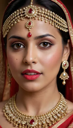 Woman, (ethnicity, South Asian, age:1.1), close-up portrait, wearing traditional Indian jewelry, (detailed clothing:1.2), (accessories:1.2), . Intricate gold and white beaded necklace and headpiece, (detailed jewelry:1.3), earrings, and bindi., (detailed makeup:1.2), (facial features:1.3), (expression:1.1), smiling, slightly looking off to her right, (body type:1.1), upper body, from the shoulders up, (pose:1.1), red colored sari partially visible, (skin texture:1.2), water droplet on skin, warm lighting, photorealistic, high detail, closeup perspective, traditional Indian bridal style, detailed intricate designs of the jewelry, (eye detail:1.3), (mouth detail:1.1), shallow depth of field.