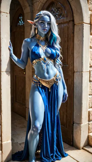 gorgeous stormElf queen, deep blue color skin, skin is blue, blue skin tone, stormElf blue skin, built of a dancer, dressed in pelvic curtain, long flowing silver and blue striped hair, standing in the door was to castle., strom, elf, AtlantisWorld, <lora:PAseer-SDXL-StormElf:2>, <lora:AtlantisWorld_XL12:1.8>, <lora:Fantasy_Races_XL:1>