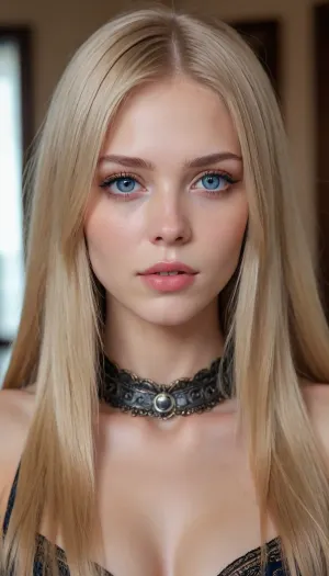 an, (extremely hot and sexy:1.7), 25yo woman. average-height stature and build would best be described as toned. fair skin and blue eyes, and, ((very long:1.5), blonde hair:1.5), (in a face-framing haircut:1.5), . wearing a slave collar, style is boho., <lora:detailed_notrigger:1.5>