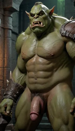 World of Warcraft, 3 giant green man orc from standing in the dungeon, erect, erection, submissive, pleading, penis, <lora:xpenis-1.5e:.1>