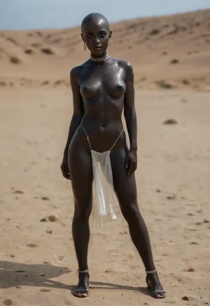 (masterpiece, best quality, photorealistic, highres, ultra-detailed, HDR), full body view, standing, 18 year old black skinned African girl, naked, ((absolutely black skin:2)), huge eyes, blue eyes, very long fake eyelashes, heavy black eyeliner, tiny nose, plump lips, shiny red lipstick, ((smooth shaved bald head:1.2)), ((long dangling earrings:1.5)), tiny breasts, tiny narrow waist, 6-pack abs, slim hips, long slender legs, (very oily shiny skin:1.8), white leather bondage choker, very very tiny miniscule white transparent loincloth, very high stiletto heel shoes with ankle straps, she is standing on a beach in the sunshine, ral-motoroil, seethru, <lora:SDXLFaeTastic2400:2>, <lora:sdxl_photorealistic_slider_v1-0:2>, <lora:ral-motoroil-sdxl:2>, <lora:seethruv3_SDXL:2>
