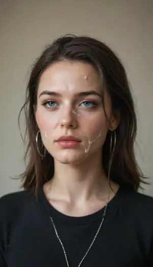 Image, tired and sad after hard facefuck girl, 20 years young, seductive, style of julia razumova, dark lipstick, dasha taran, west slavic girl, video footage, svetlana belyaeva, black straight hair, tousled hair, small breast, pretty thin thin face, her head upwards to show her cumshot, cum, dripped, from, mouth, ((sperm on her face)), (((facialized, cum on face))), in a black shirt, ultra-realistic, high definition, slim, high resolution, clothes, highest quality, professional photography, perfect lighting, string, ejaculation, on, face, taking, a, cumshot, her, sad, expression, <lora:facialized:.3>
