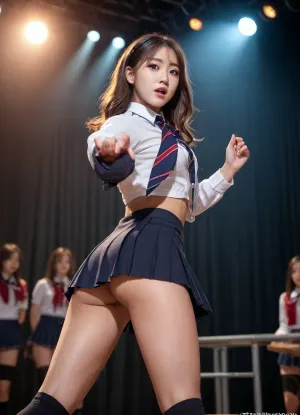 hot k-pop star in sexy schoolgirl outfit sings on stage dancing, sexy lewd school uniform, accidentally revealing naked pussy, view from very low angle, view from below, full-lenght image, whole body in view