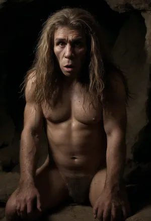 Stone Age, in front of a Neanderthal cave in a rock face at the edge of the forest, (hairy Neanderthal woman:1.5), (horny dump face), missing teeth, random facial expressions, (entire body is dressed in roughly sewn brown animal fur:1.7), (rough facial features:1.2), (extremely, long, matted, messy hair:1.8), (matted hair:2), (solo sex outside the cave:1.3), (sitting and fingering her pussy:1.6), (finger in squirting pussy:1.7), slender body, big green eyes, (moaning, tongue out:1.4), (small natural breasts:1.2), exposed pussy, (very much pubic hair:1.2), (very sweaty), dynamic sitting pose, against the pictorial background of the entrance to a Stone Age cave dwelling, very detailed surroundings, huge campfire in front of the cave, <lora:add-detail-xl:1.8>, <lora:dark:.5>