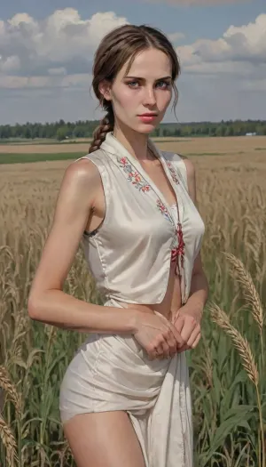 mature women, russian supermodel, detailed eyes, thin eyebrows, no makeup, long natural brown hair, (tall girl), ((skinny body)), (narrow waist), (flat stomach), realistic body proportions, perfect anatomy, good hands with perfect fingers, long skinny legs, thigh gap, big breasts, erected nipples, random pose, unique angle view, A beautiful mature Russian woman in the wheat fields of Tver Russia, during spring. She is wearing elegant, clean, and colorful traditional russian attire, a fitted embroidered vest over a flowing thin white blouse, and a delicately patterned silk scarf loosely draped over her hair. Her hair is braided. Her look is graceful and welcoming. The scene is lush and vibrant — bright wheat fields, soft sunlight glowing through light clouds. The image is cinematic, culturally rich, inviting, perfect for tourism promotion, ((no skirt)), ((bottomless)), Rating_explicit, Source_anime, 80's anime style, (A detailed pencil drawing with clean lines and meticulous shading, sketch of a woman), drawing have delicate shading and intricate details, capturing the essence of the subject with fine pencil strokes, background is simple, allowing the focus to remain on the portrait itself, drawing by NTY, v0ng44g, sk3tch, .8>, ratatatat74, <lora:sketch_it:1.1>, <lora:ratatatat74-000050:.8>, <lora:NEOTOKIOXL_0.2_RC:.8>