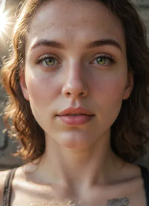 (a natural beauty middle aged Israeli woman in front of a wall), (woman, 30 years old, Shiraz Tzarfati, Iranian origin, (oval face with soft defined contours), (medium skin tone complexion with a warm undertone smooth and even), (moderately broad forehead with a natural hairline), (thick dark eyebrows and well-shaped with a natural arch slightly angled rather than rounded), (almond-shaped light-brown and expressive eyes with tiny yellow freckles, framed by dark lashes), (straight narrow nose with defined bridge, prominent nose ridge, natural softly rounded tip, the nostrils are not flared), (prominent high noticeable sharp cheekbones), (full well-defined Lips, upper lip has pronounced cupid’s bow, bottom lip is fuller), (noticeable jawline leading to a slightly pointed dimpled chin), (dark thick wavy hair, curls at the ends, parted in the middle with loose waves framing the face), (realistic skin-pores, slightly tanned cheeks, clear nail polish), (mature curvy body, full round perky breasts, round firm ass, toned fit upper body, slightly muscled arms, muscular thighs), (black round-neck tank-top, fitted olive-green cargo-pants, clear nail polish, no bra or pants)), (she is facing you straight on, standing and leaning back leaning against a smooth concrete wall, she is teasing her nipples, masturbation), (front view, closeup, intimate closeness), (strong soft golden light, deep shadows on face and body, harsh sunshine, sun reflections on skin, skin glow, perfect sun rays), (outside, military compound, concrete slabs, smooth light-grey concrete wall, clean sand floor), (close up, portrait style, Kodak, 50mm lens, lens-distortion, studio lighting, photo shooting, perfect model), extremely detailed facial features, beautifully rendered eyes, high detail iris with delicate pattern, specular highlights in eyes, HDR, High dynamic range, professional color grading, cinematic style, realistic skin pores, high-detail render of light-scatter, accurate sub-surface scatter, bokeh, god rays, light rays, film haze, fine dust particles in the air