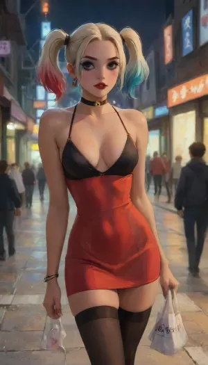 (DC universe, Harley Quinn), city background at night, dark, prostitute, walking the streets looking for work, she is clothed in a short dress that shows her cleavage, stockings, score_9, score_8_up, score_7_up, score_6_up, (j_cartoon:1.4), Drawing, <lora:2BoutOvalSDXL2-000002:.5>, <lora:samdoesarts1.1-000030:.4>, <lora:J_cartoon:.3>, <lora:Animated_Concept:.4>