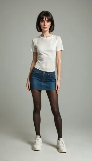 (ultra realistic, ultra detailed, best quality, fullbody photo), (mature woman, 35 years old, dark hair, medium-length bob with bangs, Anna, thin face, triangular face, narrow face, narrow long nose, feint small amount of freckles across nose, thin lips, dark eyes, caucasian, no makeup, low height, light weight, skinny body, (skinny:1.3), natural flat sagging tits, wide thigh gap, skinny flat ass, skinny hips, slightly tanned skin, no tattoos, she is an accountant, her hobby is photography), (she is wearing skinny short length denim skirt, nylon tights, long loose white T-shirt with no lettering, white sneakers), she takes off her T-shirt