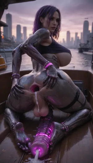 A small body Futanari, (((cybernetic skin), (huge robotic cock), (small balls), (((detailed robotic body))), purple electric hair, big breasts, spread ass, on boat, asymetric pose, thigh strap, ankle bracelet, (glowing), evil crop top, foot fetish, Cumming), hardcore asshole gaping, (deep anal cavity, xxl anal hole, anal extreme opening, anal huge gaping, heavy detailed anal cavity), asshole, ((futuristic city background, highly detailed)), hardcore), masterpiece, high quality, 8k