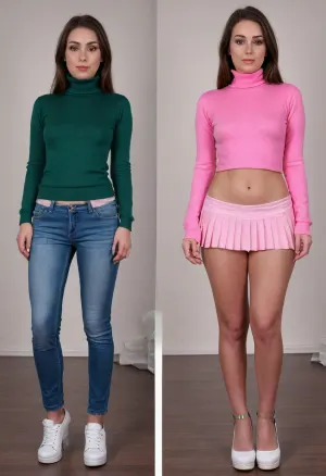 Before and after, a shy conservative Christian girl, (she is relatively confident on first image:1.1), fully clothed, wearing a green turtle neck pullover, (long jeans pants and dark green turtleneck pullover and white sneakers on first image:1.4), BREAK, the same girl turned into a complete slut, (she is extremely ashamed on second image:1.3), (standing insecurely), (slutty outfit, she is wearing an extremely short pink pleated micro skirt and white t-shirt and extremely elevated pink platform high heels on second image:1.3), (platform high heels on second image:1.4), (extremely short pink pleated micro skirt on second image only:1.2), <lora:OnoffXL_ExtraCrispy:.4>