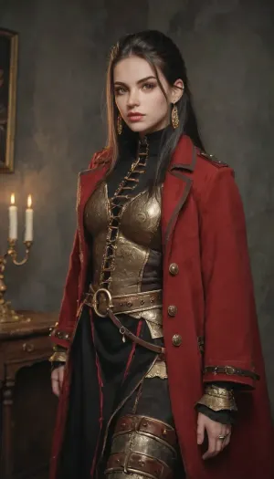 Ezmerelda d’Avenir, late 20s Vistana monster hunter, long dark hair with streaks of color, piercing brown eyes, bold confident expression, crimson coat with gold embroidery, leather armor, colorful sash, tall boots, prosthetic leg of wood and metal, solemn Gothic candlelit background, traditional European oil painting, textured brushwork, chiaroscuro lighting.