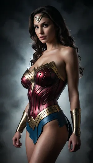 Image of a wonder woman with big breast, macro, silhouette, slim body, big breasts, sexy . Dark background creating the impression of fog. lov light. distance, Low-key, lighting, Style, dim, light, low, dramatic, Split, Lighting, style, partially, covered, in, shadow