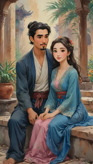 A romantic hand-drawn illustration of an arabic couple, (one male and one female couple), on desert. Close-up view, sitting together on steps outdoors. The woman is wearing an elegant abaya outfit, with large breast, large cleavage, voluptuous body type, stylish hair style. and the man is dressed casually. They are sitting together playfully, looking directly at the viewer with joy, happy expressions. The man has his arms wrapped around her neck in a tender embrace, and the woman’s face is breathtakingly beautiful, radiating grace and charm. Their connection is deep and genuine, with the woman exuding beauty and serenity. romantic, poetic, artistic, gufeng influence, ink and wash textures, ac_neg1, j_cartoon, <lora:J_cartoon:1.2>, <lora:detailed_notrigger:1>, <lora:Sattar_Bahlulzade:2>