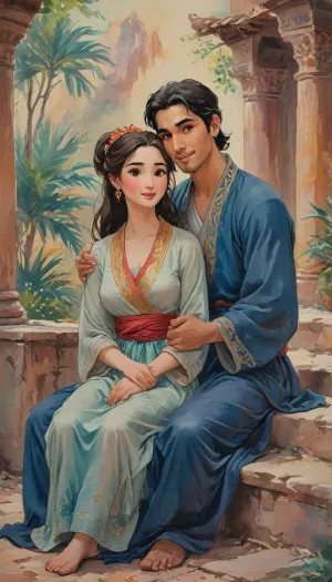 A romantic hand-drawn illustration of an arabic couple, (one male and one female couple), on desert. Close-up view, sitting together on steps outdoors. The woman is wearing an elegant abaya outfit, with large breast, large cleavage, voluptuous body type, stylish hair style. and the man is dressed casually. They are sitting together playfully, looking directly at the viewer with joy, happy expressions. The man has his arms wrapped around her neck in a tender embrace, and the woman’s face is breathtakingly beautiful, radiating grace and charm. Their connection is deep and genuine, with the woman exuding beauty and serenity. romantic, poetic, artistic, gufeng influence, ink and wash textures, ac_neg1, j_cartoon, <lora:J_cartoon:1.2>, <lora:Sattar_Bahlulzade:2>