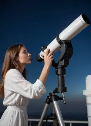 (High-quality photo:1.2), ((beautiful young woman astronom:1.1)), (solitary observer), (woman with long brown hair), (looks through a telescope at a comet with a bright:1.4), standing in front of, (massive white astronomical telescope:1.3), inside a domed observatory, (bright details:1.1), (complex observatory:1.1), (comet with a hazy tail:1.5), (open dome with a view of the night sky:1.2), (thousands of stars:1.1), deep blue gradient of the night sky, (dark blue surroundings of the observatory:1.2), (pierced by light:1.1), (intense lighting), (soft contrast:1.1), (atmosphere of wonder), realism, (super-detail), 8k, photographic quality, craftsmanship, (sharp focus:1.1), professional photography, (high resolution), cinematic lighting