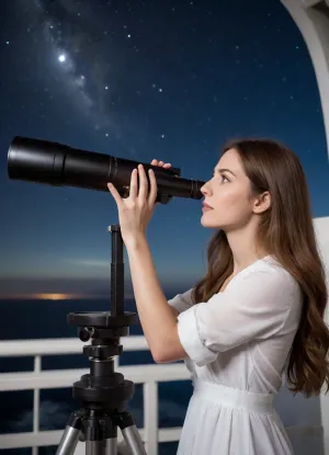 (High-quality photo:1.2), ((beautiful young woman:1.1)), (solitary observer), (woman with long brown hair), (looks through a telescope at a comet with a bright:1.4), standing in front of, (massive white astronomical telescope:1.3), inside a domed observatory, (bright details:1.1), (complex observatory:1.1), (open dome with a view of the night sky:1.2), (thousands of stars:1.1), deep blue gradient of the night sky, (dark blue surroundings of the observatory:1.2), (pierced by light:1.1), (intense lighting), (soft contrast:1.1), (atmosphere of wonder), realism, (super-detail), 8k, photographic quality, craftsmanship, (sharp focus:1.1), professional photography, (high resolution), cinematic lighting