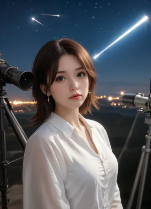 (High-quality photo:1.2), ((beautiful young woman astronom:1.1)), (solitary observer), (woman with long brown hair), (looks through a telescope at a bright comet:1.4), standing in front of, (massive white astronomical telescope:1.3), inside a domed observatory, (bright details:1.1), (complex observatory:1.1), (comet:1.7), (open dome with a view of the night sky:1.2), (thousands of stars:1.1), deep blue gradient of the night sky, (dark blue surroundings of the observatory:1.2), (pierced by light:1.1), (intense lighting), (soft contrast:1.1), (atmosphere of wonder), realism, (super-detail), 8k, photographic quality, craftsmanship, (sharp focus:1.1), professional photography, (high resolution), cinematic lighting