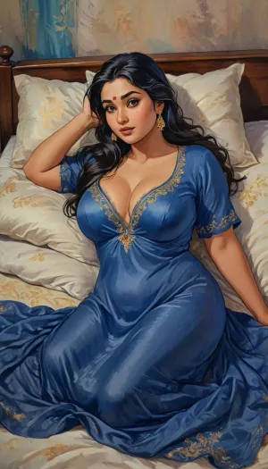 a hand drawn illustration of 30-year-old Indian woman, curvy Indian school teacher, full-figured, chubby body, top angle view, lying forward in bed, soft bed surface, wearing royal blue elegant silky night gown, modest but sensual silk nightwear, deep neckline but fully clothed, large natural breasts with visible cleavage, smooth shiny silk gown hugging curves, lusty, seductive face, very long black hair spread on the pillow, dim warm bedroom lighting, nighttime mood with soft shadows, Indian bedroom background, natural Indian beauty, sensual but not nude, artistic, gufeng influence, ink and wash textures, ac_neg1, j_cartoon, novuschroma, 14, <lora:J_cartoon:1.2>, <lora:Sattar_Bahlulzade:2>, <lora:detailed_notrigger:1>, <lora:novuschroma14 style:1.6>