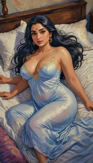 a hand drawn illustration of 30-year-old Indian woman, curvy Indian school teacher, full-figured, chubby body, top angle view, lying forward in bed, soft bed surface, wearing royal white elegant silky night gown, modest but sensual silk nightwear, deep neckline but fully clothed, large natural breasts with visible cleavage, smooth shiny silk gown hugging curves, silky smooth skin, lusty, seductive face, very long black hair spread on the pillow, dim warm bedroom lighting, nighttime mood with soft shadows, Indian bedroom background, natural Indian beauty, sensual but not nude, artistic, gufeng influence, ink and wash textures, ac_neg1, j_cartoon, novuschroma, 14, <lora:J_cartoon:1.2>, <lora:Sattar_Bahlulzade:2>, <lora:detailed_notrigger:1>, <lora:novuschroma14 style:2>