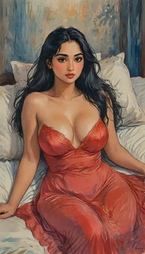 a hand drawn illustration of 30-year-old Indian woman, curvy Indian school teacher, full-figured, chubby body, top angle view, lying forward in bed, soft bed surface, wearing royal red elegant silky night gown, modest but sensual silk nightwear, deep neckline but fully clothed, large natural breasts with visible cleavage, smooth shiny silk gown hugging curves, silky smooth skin, lusty, seductive face, very long black hair spread on the pillow, dim warm bedroom lighting, nighttime mood with soft shadows, Indian bedroom background, natural Indian beauty, sensual but not nude, artistic, gufeng influence, ink and wash textures, ac_neg1, j_cartoon, <lora:J_cartoon:1.2>, <lora:Sattar_Bahlulzade:2>, <lora:detailed_notrigger:1>, <lora:Eldritch_SketchDraw:.4>