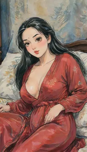 a hand drawn illustration of 30-year-old Indian woman, curvy Indian school teacher, full-figured, chubby body, top angle view, lying forward in bed, soft bed surface, wearing royal red elegant silky night gown, modest but sensual silk nightwear, deep neckline but fully clothed, large natural breasts with visible cleavage, smooth shiny silk gown hugging curves, silky smooth skin, lusty, seductive face, very long black hair spread on the pillow, dim warm bedroom lighting, nighttime mood with soft shadows, Indian bedroom background, natural Indian beauty, sensual but not nude, artistic, gufeng influence, ink and wash textures, ac_neg1, j_cartoon, gufeng, hand-drawn, style, ink, wash, <lora:J_cartoon:1.2>, <lora:Sattar_Bahlulzade:2>, <lora:detailed_notrigger:1>, <lora:gufeng_ink_wash_xl_v2:1>