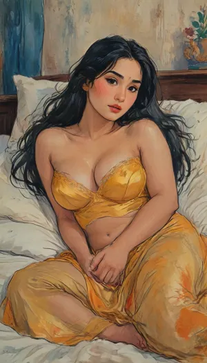 a hand drawn illustration of 30-year-old Indian woman, curvy Indian school teacher, full-figured, chubby body, top angle view, lying forward in bed, soft bed surface, wearing royal yellow elegant silky night gown, modest but sensual silk nightwear, deep neckline but fully clothed, large natural breasts with visible cleavage, smooth shiny silk gown hugging curves, silky smooth skin, lusty, seductive face, very long black hair spread on the pillow, dim warm bedroom lighting, nighttime mood with soft shadows, Indian bedroom background, natural Indian beauty, sensual but not nude, artistic, gufeng influence, ink and wash textures, ac_neg1, j_cartoon, <lora:J_cartoon:1.2>, <lora:Sattar_Bahlulzade:2>, <lora:detailed_notrigger:1>, <lora:Eldritch_SketchDraw:.4>