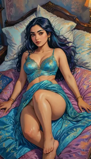 A hand-drawn illustration of a 30-year-old Indian woman, curvy Indian school teacher, full-figured, chubby body, top angle view, lying forward in bed, soft bed surface, wearing a royal yellow elegant silky night gown with glowing neon blue accents, modest and tasteful silk nightwear, deep neckline with elegant design but fully clothed, smooth shiny silk gown hugging curves with embedded LED-like patterns, silky smooth skin, confident and alluring face, very long black hair spread on the pillow with subtle holographic highlights, dim warm bedroom lighting infused with neon purple and cyan tones, nighttime mood with soft shadows and futuristic tech elements, Indian bedroom background with cyberpunk circuitry and holographic decor, natural Indian beauty, artistic, gufeng influence blended with cyberpunk textures, ink and wash with digital neon effects, flat colors with vibrant gradients, <lora:J_cartoon:1.2>, <lora:Sattar_Bahlulzade:2>, <lora:detailed_notrigger:1>, <lora:lineartSDXL:.6>