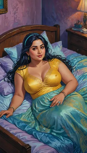 A hand-drawn illustration of a 30-year-old Indian woman, curvy Indian school teacher, full-figured, chubby body, top angle view, lying forward in bed, soft bed surface, wearing a royal yellow elegant silky night gown with glowing neon blue accents and integrated smart fabric technology, modest and tasteful silk nightwear featuring embedded holographic displays and LED-lit seams, deep neckline with elegant tech-enhanced design but fully clothed, smooth shiny silk gown hugging curves with dynamic light patterns, silky smooth skin, confident and alluring face, very long black hair spread on the pillow with subtle holographic highlights, enhanced with a sleek augmented reality headset resting on her head, dim warm bedroom lighting infused with neon purple and cyan tones, nighttime mood with soft shadows and futuristic tech elements, Indian bedroom background with cyberpunk circuitry, holographic decor, and a floating digital interface, natural Indian beauty, artistic, gufeng influence blended with cyberpunk textures, ink and wash with digital neon effects, flat colors with vibrant gradients, <lora:J_cartoon:1.2>, <lora:Sattar_Bahlulzade:2>, <lora:detailed_notrigger:1>