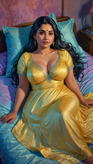 A hand-drawn illustration of a 30-year-old Indian woman, curvy Indian school teacher, full-figured, chubby body, top angle view, lying forward in bed, soft bed surface, wearing a royal yellow elegant silky night gown with glowing neon blue accents and integrated smart fabric technology, modest and tasteful silk nightwear featuring embedded holographic displays and LED-lit seams, deep neckline with elegant tech-enhanced design but fully clothed, smooth shiny silk gown hugging curves with dynamic light patterns, silky smooth skin, confident and alluring face, very long black hair spread on the pillow with subtle holographic highlights, enhanced with a sleek augmented reality headset resting on her head, dim warm bedroom lighting infused with neon purple and cyan tones, nighttime mood with soft shadows and futuristic tech elements, Indian bedroom background with cyberpunk circuitry, holographic decor, and a floating digital interface, natural Indian beauty, artistic, gufeng influence blended with cyberpunk textures, ink and wash with digital neon effects, flat colors with vibrant gradients, GTA-ish, <lora:J_cartoon:1.2>, <lora:Sattar_Bahlulzade:2>, <lora:detailed_notrigger:1>, <lora:437107_training_data:1.6>