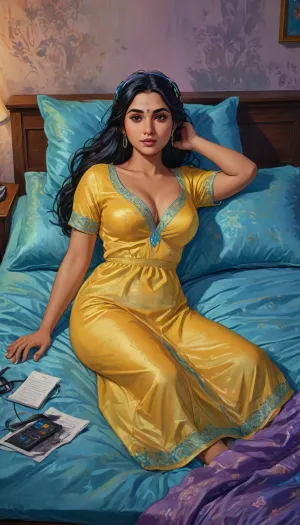 A hand-drawn illustration of a 30-year-old Indian woman, curvy Indian school teacher, full-figured, chubby body, top angle view, lying forward in bed, soft bed surface, wearing a royal yellow elegant silky night gown with glowing neon blue accents and integrated smart fabric technology, modest and tasteful silk nightwear featuring embedded holographic displays and LED-lit seams, deep neckline with elegant tech-enhanced design but fully clothed, smooth shiny silk gown hugging curves with dynamic light patterns, silky smooth skin, confident and alluring face, very long black hair spread on the pillow with subtle holographic highlights, enhanced with a sleek augmented reality headset resting on her head, dim warm bedroom lighting infused with neon purple and cyan tones, nighttime mood with soft shadows and futuristic tech elements, Indian bedroom background with cyberpunk circuitry, holographic decor, and a floating digital interface, natural Indian beauty, artistic, gufeng influence blended with cyberpunk textures, ink and wash with digital neon effects, flat colors with vibrant gradients, GTA-ish, <lora:J_cartoon:1.2>, <lora:Sattar_Bahlulzade:2>, <lora:detailed_notrigger:1>, <lora:437107_training_data:1.6>