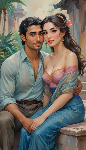A romantic hand-drawn illustration of an arabic couple, (one male and one female couple), on streets of modern dubai. Close-up view, sitting together on steps outdoors. The woman is wearing an elegant outfit, with large breast, large cleavage, voluptuous body type, stylish hair style. and the man is dressed casually. They are sitting together playfully, looking directly at the viewer with joy, happy expressions. The man has his arms wrapped around her neck in a tender embrace, and the woman’s face is breathtakingly beautiful, radiating grace and charm. Their connection is deep and genuine, with the woman exuding beauty and serenity. romantic, poetic, artistic, gufeng influence, ink and wash textures, Saree, Indian, ac_neg1, Influencer, Model, j_cartoon, <lora:transparent-saree:.8>, <lora:sdxl_vae:.8>, <lora:J_cartoon:1.2>, <lora:detailed_notrigger:1>, <lora:Sattar_Bahlulzade:2>