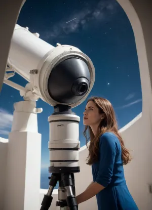 (High-quality photo:1.2), ((beautiful young woman astronom:1.1)), (solitary observer), (woman with long brown hair), (looks through a telescope at a bright comet:1.4), standing in front of, (massive white astronomical telescope:1.3), inside a domed observatory, (bright details:1.1), (complex observatory:1.1), (comet:1.7), (open dome with a view of the night sky:1.2), (thousands of stars:1.1), deep blue gradient of the night sky, (dark blue surroundings of the observatory:1.2), (pierced by light:1.1), (intense lighting), (soft contrast:1.1), (atmosphere of wonder), realism, (super-detail), 8k, photographic quality, craftsmanship, (sharp focus:1.1), professional photography, (high resolution), cinematic lighting