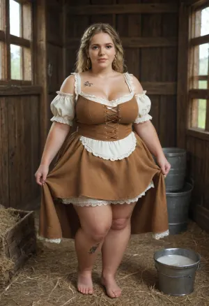 obese overweight bbw hairy Russian bimbo, (medieval brown dirndl dress with short skirt:1.4), beautiful toes, full body picture, tattooed, pink pedicure, milking a cow in a barn, stream of milk fall into a bucket, dairy cow in a barn