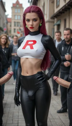 1Femboy, (femboy), Hyperrealistic style, amateur 8k photo, town square, outdoors, black theme, (Pokémon’s Team Rocket Jessie), (Pokémon’s Jessie Team Rocket outfit:1), (hyper detailed body), (25yo), (tall), (slim and fit figure), (narrow waist), (defined hips), (penis bulge:1.7), (long toned legs), (firm butt), (huge breasts), (elegant, confident posture), (smooth fair skin), (toned but feminine physique), (very long magenta hair styled in a high side-swept coil), (large blue eyes), (soft purple eyeshadow), (red lipstick), (sexually seductive pose), (sexually explicit), (white crop top with a gold ‘ CumSlut emblem), (white fitted miniskirt), (thigh-high black boots), (black satin opera gloves), surrounded by 6men mandhandling and cumming on her, she’s pulling her miniskirt down., mens penis shooting lots of cum, men cum shot