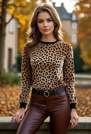 (masterpiece, best quality:1.2), 1 czech 35yo woman, (leopard print velvet crew neck shirt, leather pants:1.4), outdoors, longest brunette two buns hair, hair combed back, amber colored eyes, in sunny cold autumn bohemian castle park, photorealism, she sits on a bench without backrest, flat, chested, <lora:style_lora_realis:.5>, <lora:flat_chested_v3.5:.5>, <lora:681678_training_data:.5>