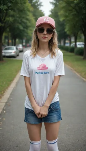 18-year-old girl, Ukrainian, Beautiful, roller skating, innocent look, very cute face, beautiful face, model face, gorgeous cute face, eye contact, blonde and rainbow hair, perfect small breasts, perfect skinny small tits, long skinny legs, slender, legs spread wide, no pubic hair, white knee socks, bright skirt, T-shirt pulled up to show breasts, necklace, sunglasses, pink baseball cap, sat on the road in the park, handmade, photorealistic, best quality, <lora:FD_XL_ENF:.8>