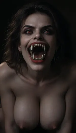 ((ultimate realistic photo)), (Viewed from the knees up:1.6), ((25 yo vampire girl with red eyes)), (huge round tits:1.7), (full red lips), (((large breasts)), very pale textured skin, ((her mouth slightly open showing her fangs)), (((2 long sharp fangs))), (((very long vampire fangs:1.4))), in the woods at night goddess, gracious, sexy, fierce, forceful, lascivious, fascinating, desirable, intoxicating, scary, eerie, ((evil smile showing fangs)), UHD 8K, cinematic masterpiece, maximum quality, maximum details, realism, score 9, score 8 up, score 7 up, (((2 long vampire fangs:1.9)))), <lora:Mistress_of_the_night-000016:1.7>, <lora:738835_training_data:2>, <lora:dark:1>, <lora:Subspecies style:.8>