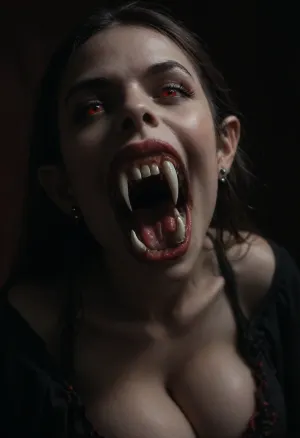 ((ultimate realistic photo)), ((25 yo vampire girl with red eyes)), (huge round tits:1.7), (full red lips), ((large breasts)), very pale textured skin, ((her mouth slightly open showing her fangs)), (((2 long sharp fangs))), (((very long vampire fangs:1.4))), in the woods at night goddess, gracious, sexy, fierce, forceful, lascivious, fascinating, desirable, intoxicating, scary, eerie, ((evil smile showing fangs)), UHD 8K, cinematic masterpiece, maximum quality, maximum details, realism, score 9, score 8 up, score 7 up, (((2 long vampire fangs:1.8))), <lora:Mistress_of_the_night-000016:2>, <lora:dark:1>, <lora:738835_training_data:2>, <lora:EnvyZoomSliderXL01:2>